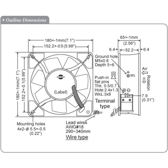 M180FAN (HR) - Sinwan AC Metal Impeller, Reverse Airflow, Dia. 180x180x65mm/7x2.5inch 400 CFM