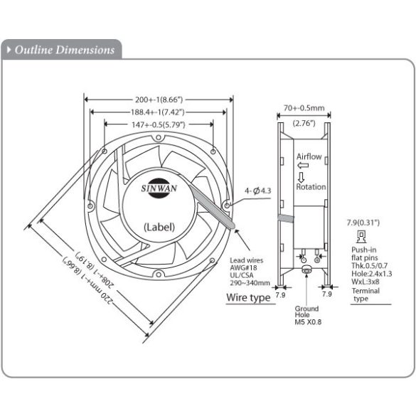 M200RAN (HR) - Sinwan AC Metal Impeller, Reverse Airflow, Dia. 200x220x70mm/7.8x2.8inch 485 CFM