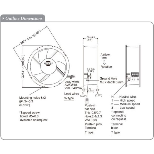 M254GAN (3)(HR) - Sinwan AC Metal Impeller, Reverse Airflow, Dia.254x89mm/10x3.5inch 930 CFM