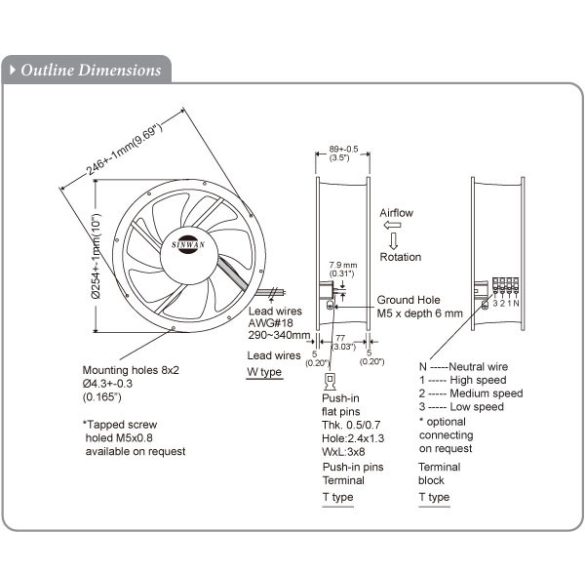 M254GAN (HR) - Sinwan AC Metal Impeller, Reverse Airflow, Dia.254x89mm/10x3.5inch 1,000 CFM