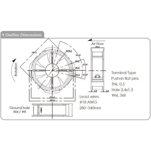 M280GAN (HR) - Sinwan AC Metal Impeller, Reverse Airflow, RD Alarm, FG Tachometer, Dia.280x280x89mm/11x11x3.5inch 1,300 CFM