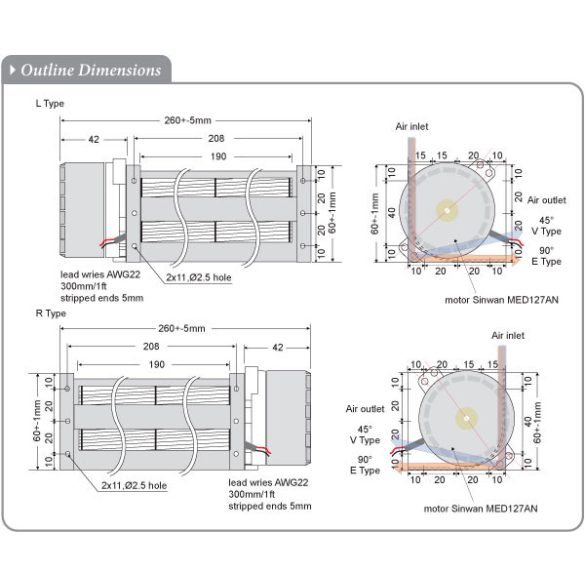 MCD419SP - Sinwan DC Crossflow fan, Dia. Φ40xL.190x260x60mm 80~60 CFM