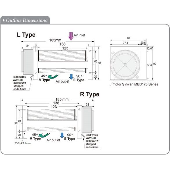 MCD612SP - Sinwan DC Crossflow fan, Dia. Φ60xL.120x185x90mm 84~51 CFM