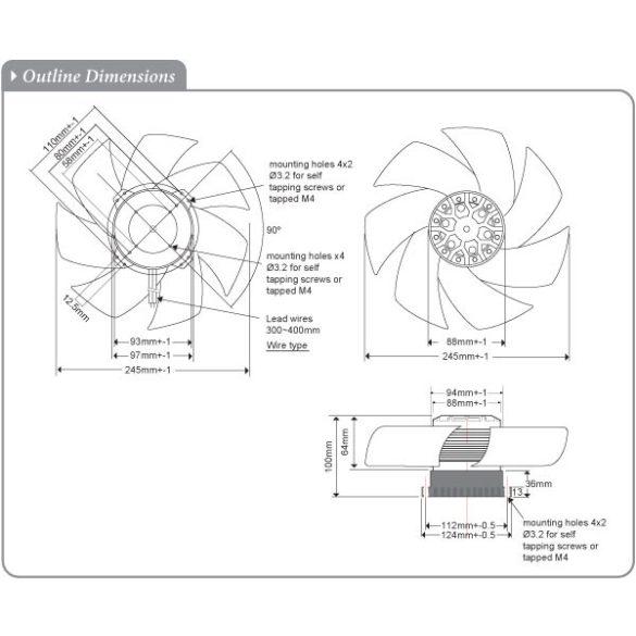 MK280GAN (HR) - Sinwan AC Skeleton Fan, Metal Impeller, Dia.245x100mm / 9.6inch 1300~450 CFM