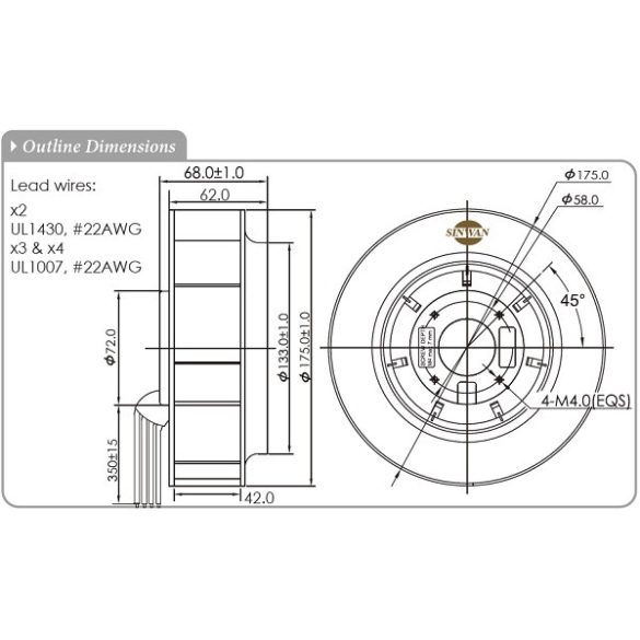 PFD175RAN - Sinwan DC Fan, Motorized Impeller, Backward curved blades, Dia.175x69mm/6.9x2.7inch 437CFM