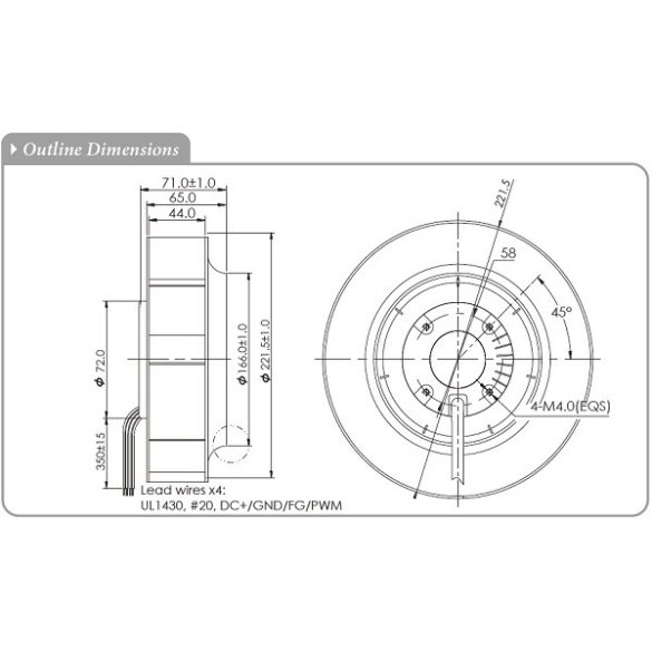PFD220RAN - Sinwan DC Fan, Motorized Impeller, Backward curved blades, Dia.220x71mm/8.6x2.7inch 621CFM 