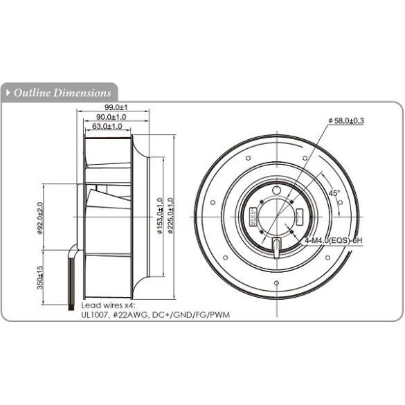 PFD225HAN - Sinwan DC Fan, Motorized Impeller, Backward curved blades, Dia.225x99mm/8.8x3.89inch 835CFM 