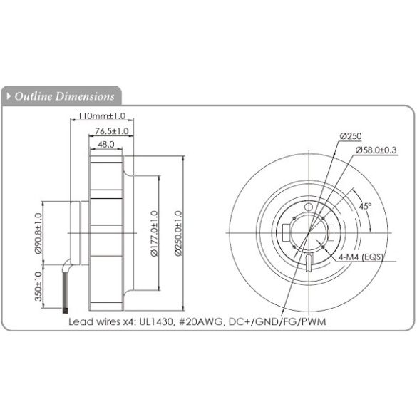 PFD250JAN - Sinwan DC Fan, Motorized Impeller, Backward curved blades, Dia.250x110mm/9.8x4.3inch 920CFM 