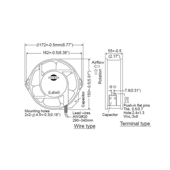 S172EAP (7) - Sinwan AC Plastic Impeller Tubeaxial Fan, Dia. 150x172x55mm/6x2.2inch 265 CFM - 7 blades