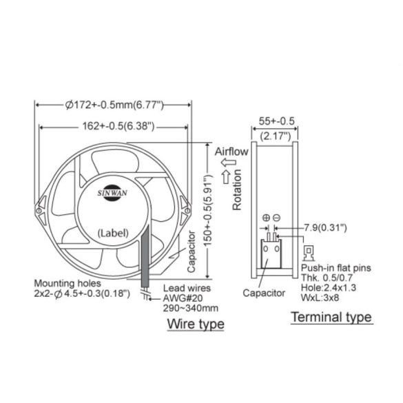 S172EAP - Sinwan AC Plastic Impeller Tubeaxial Fan, Dia. 150x172x55mm/6.7x2.2inch 230 CFM