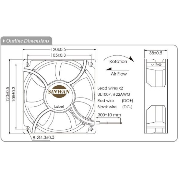 SD1238AP (HR)(MS) - Sinwan DC Axial Fan, Plastic Impeller, Dia.120x120x38mm/4.7x1.5inch 180~68 CFM