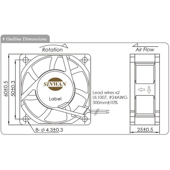 SD6025AN (HR) - Sinwan DCAxial Fan, Plastic Impeller, Dia.60x60x25mm/2.36x1.0inch 57~35 CFM